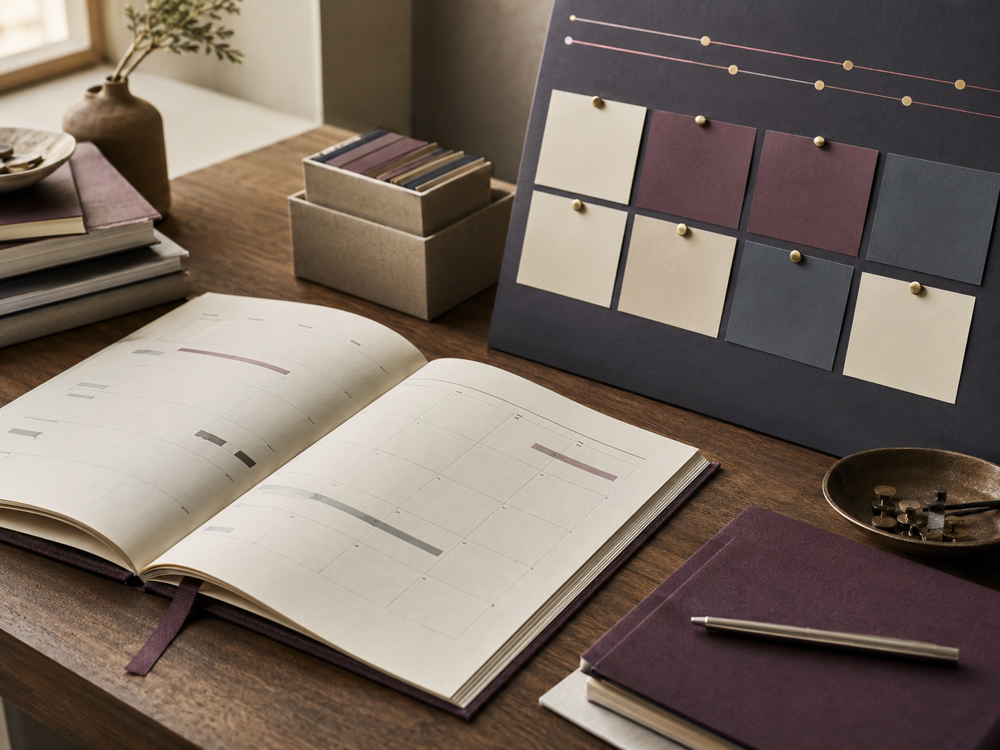 A project timeline and planning materials arranged on a desk