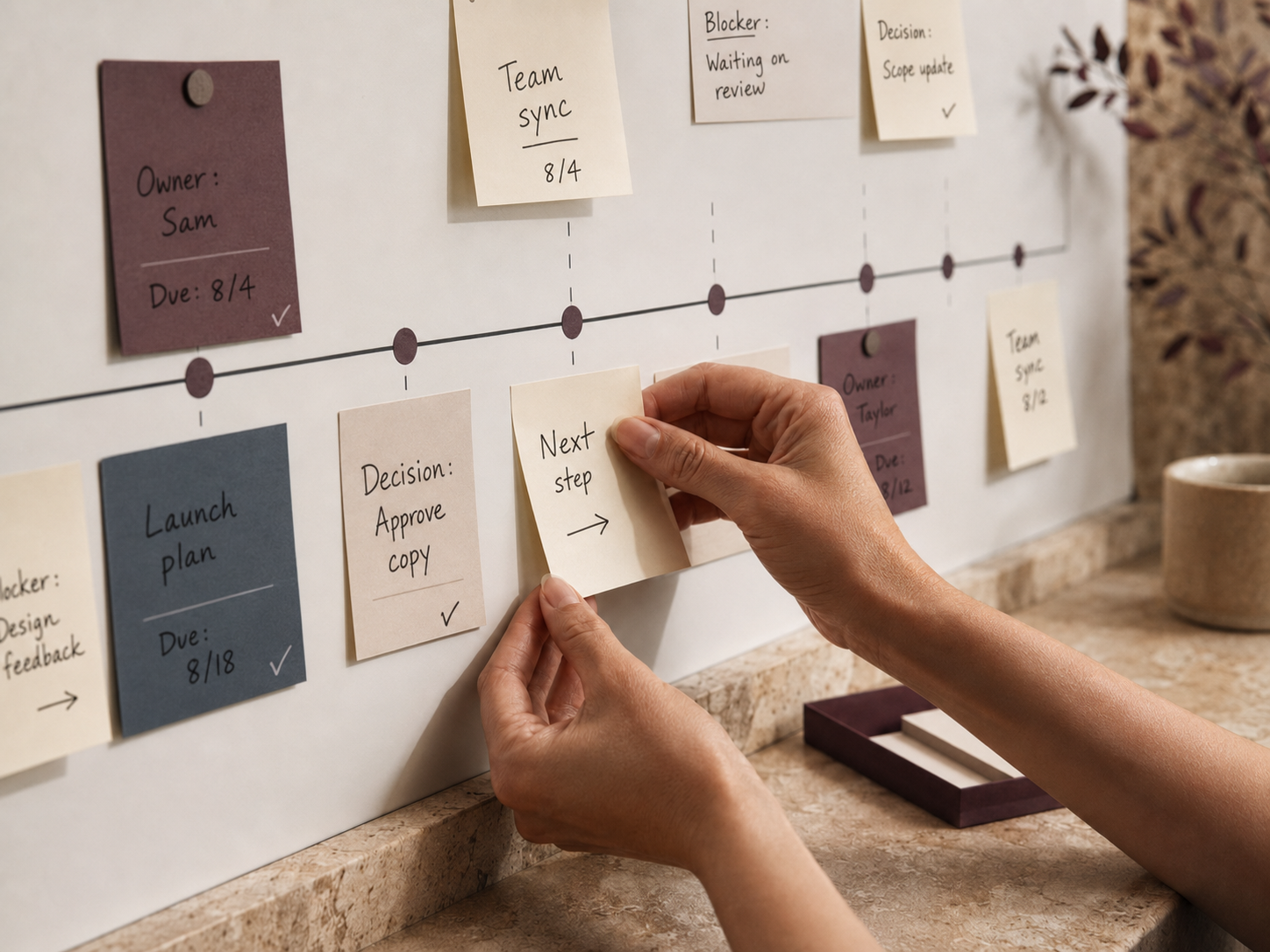 Hands organizing handwritten project notes for owners, decisions, blockers, and next steps